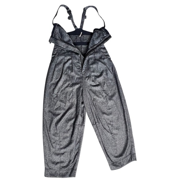 Free People Silver Metallic Herringbone Hippie Overall Relaxed Jumpsuit Boho (M) - Picture 6 of 14